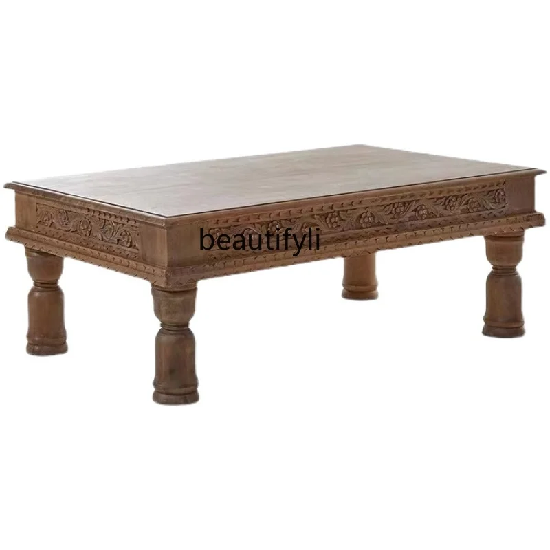 

American Country Solid Wood Coffee Table Living Room Oak Vintage Distressed Wood Carved Small Apartment Folk Style