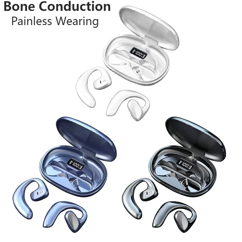 Wireless Bone Conduction Earphone Hifi Stereo Noise Cancellation Digital Display Bluetooth 5.1 Rechargeable Sports Ear Hook