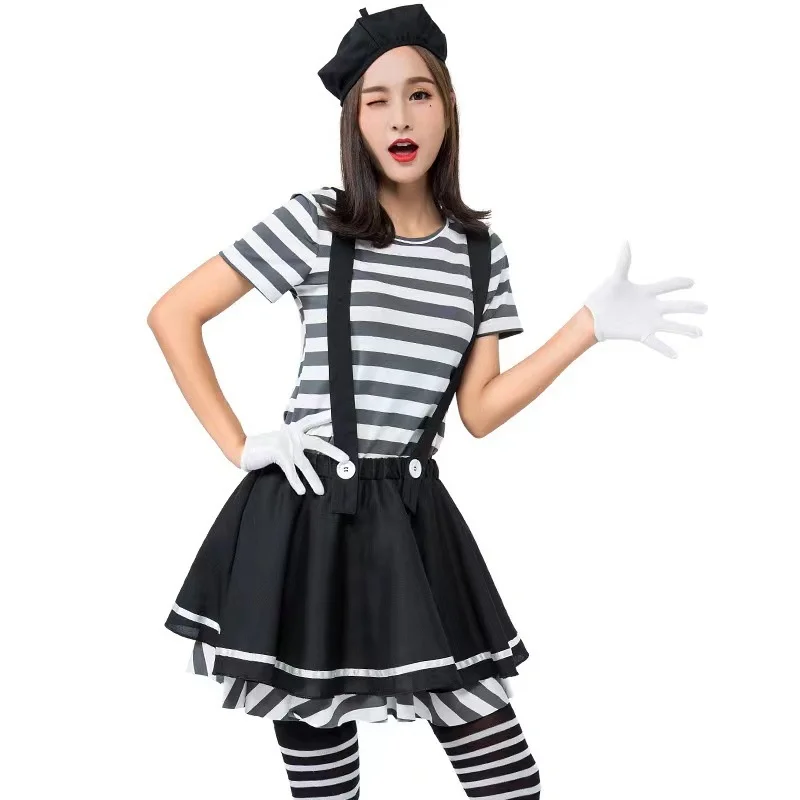 Nieuwe Halloween Clown Kostuum met Sa Streep Gevangene Spel Dames Cosplay Outfit Grappige Actr Prestaties Chinese Stage Clo...