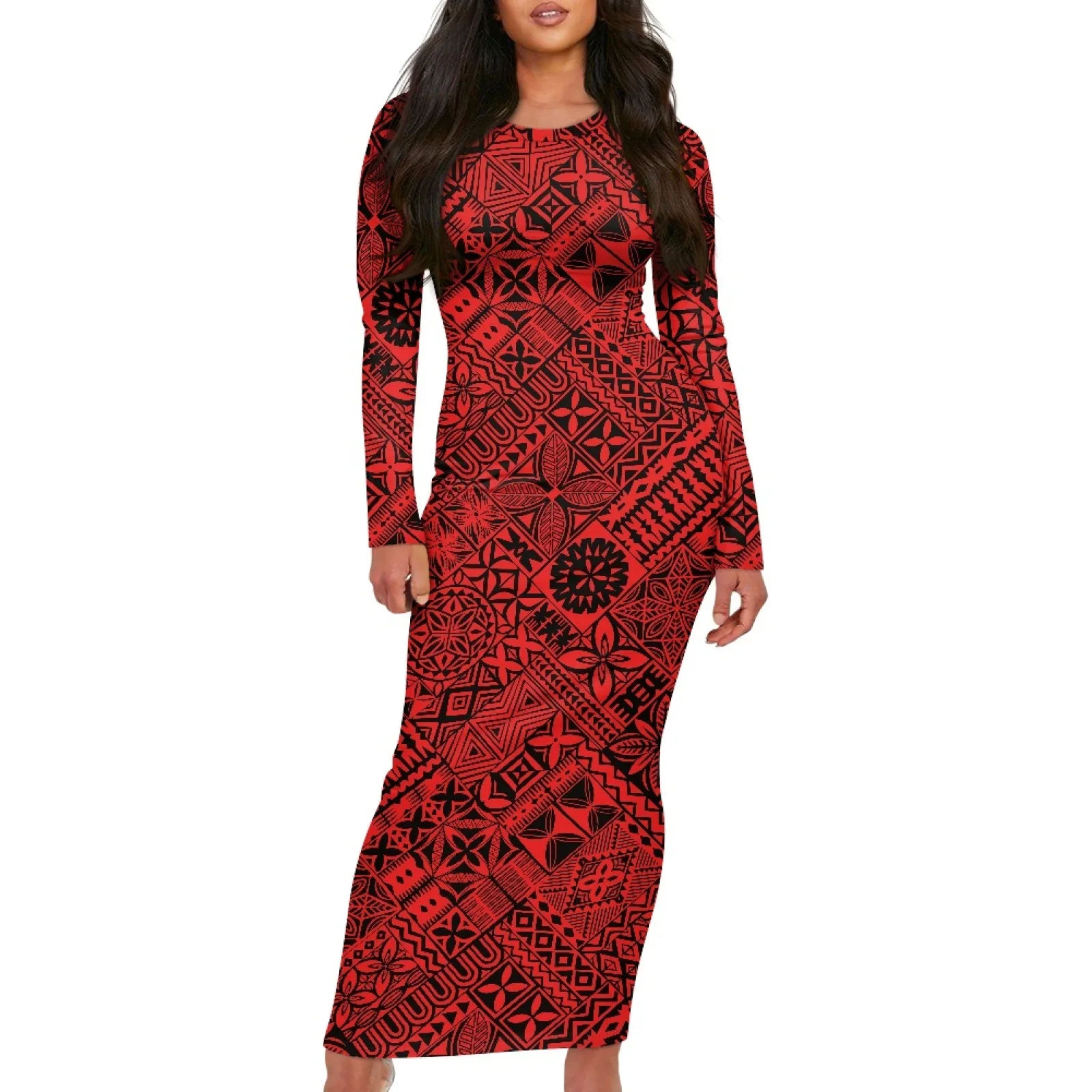 Polynesian Tribal Samoan Totem Tattoo Samoa Prints Lady Party Long-Sleeved Tight Dress Beach Casual Hibiscus Knitted Maxi Dress