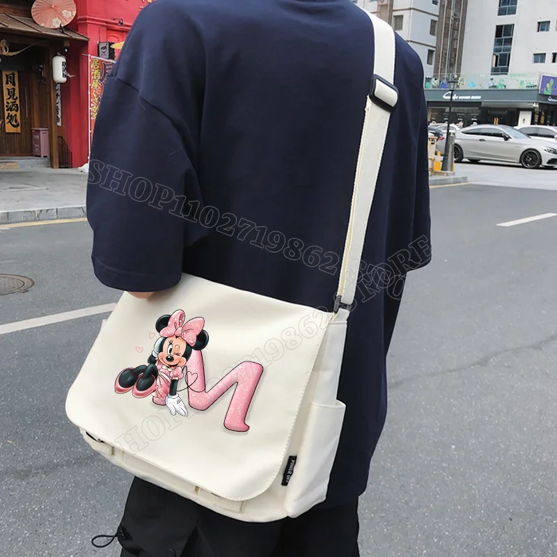 Disney Minnie Mickey Mouse Shoulder Bags Cartoon Anime Pink Letter A-Z Print Messenger Bag Portable Large Capacity Handbags Gift