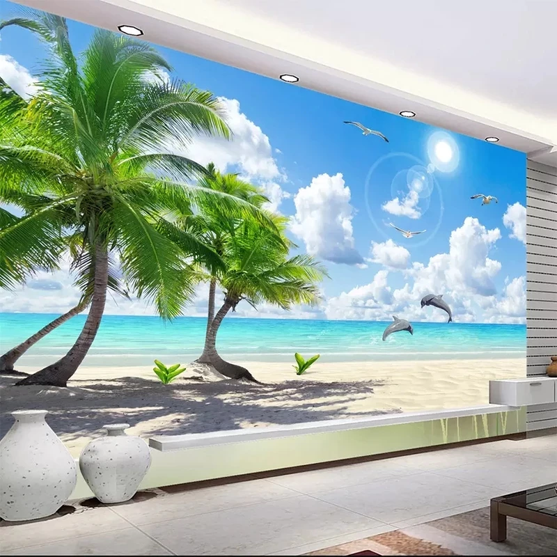 Custom 3D Mural Self Adhesive Wallpaper Bedroom Coconut Tree Beach Dolphin Landscape Living room sofa TV background restaurant