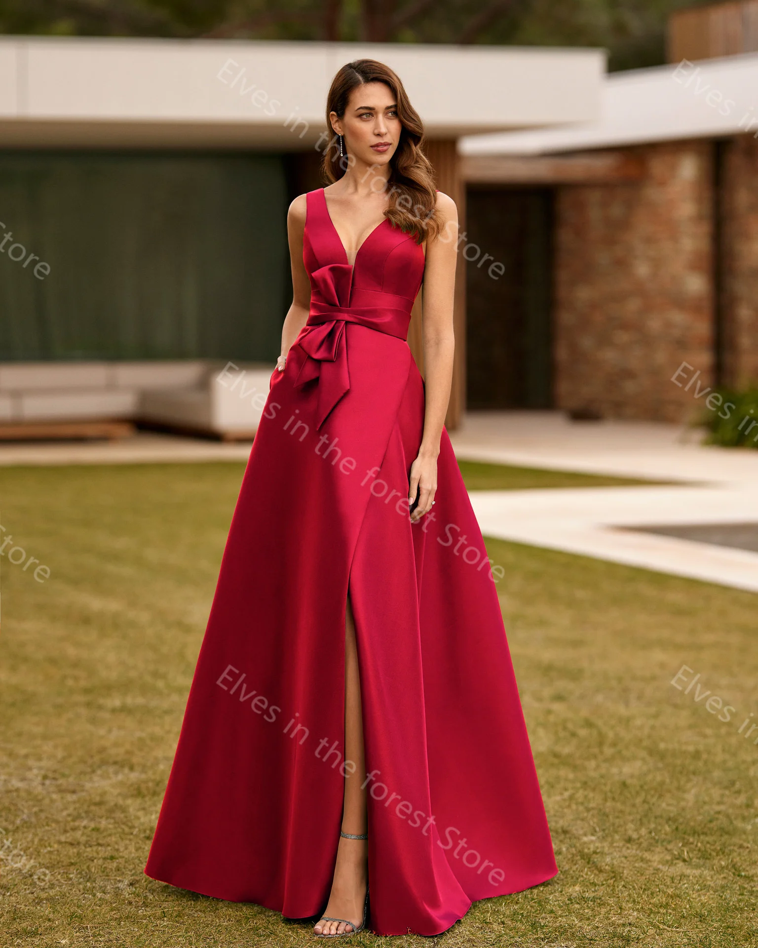 Vestidos de Noche sencillos para mujer, vestidos de fiesta de satén sin mangas con cuello en V, abertura lateral Vintage, vestidos de fiesta de boda para madre de la novia