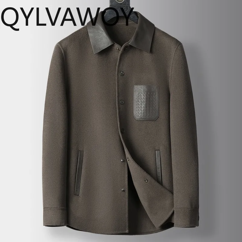 QYLVAWOY 100% Wool Coat Men Clothing Lapel Collar Fall Winter Woolen Spliced Sheepskin Leather Jacket Man Down Liner Puffer Vest