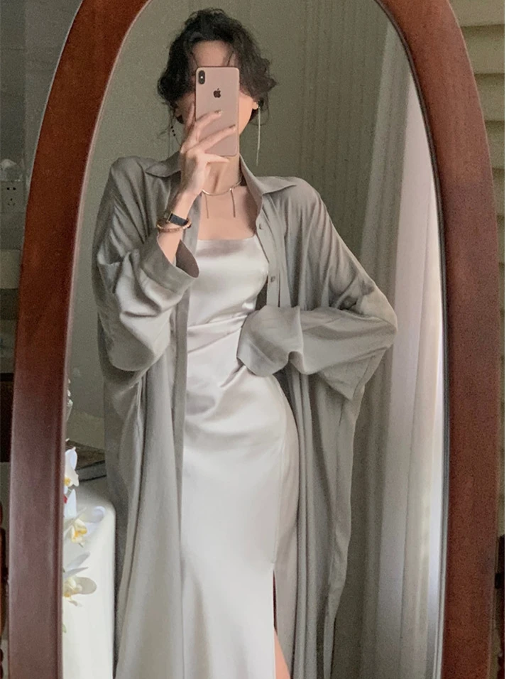 

Свободное солнцезащитное пальто, корейское легкое эластичное пальто Ele Long Sve, открытый кардиган, верхняя одежда длиной миди