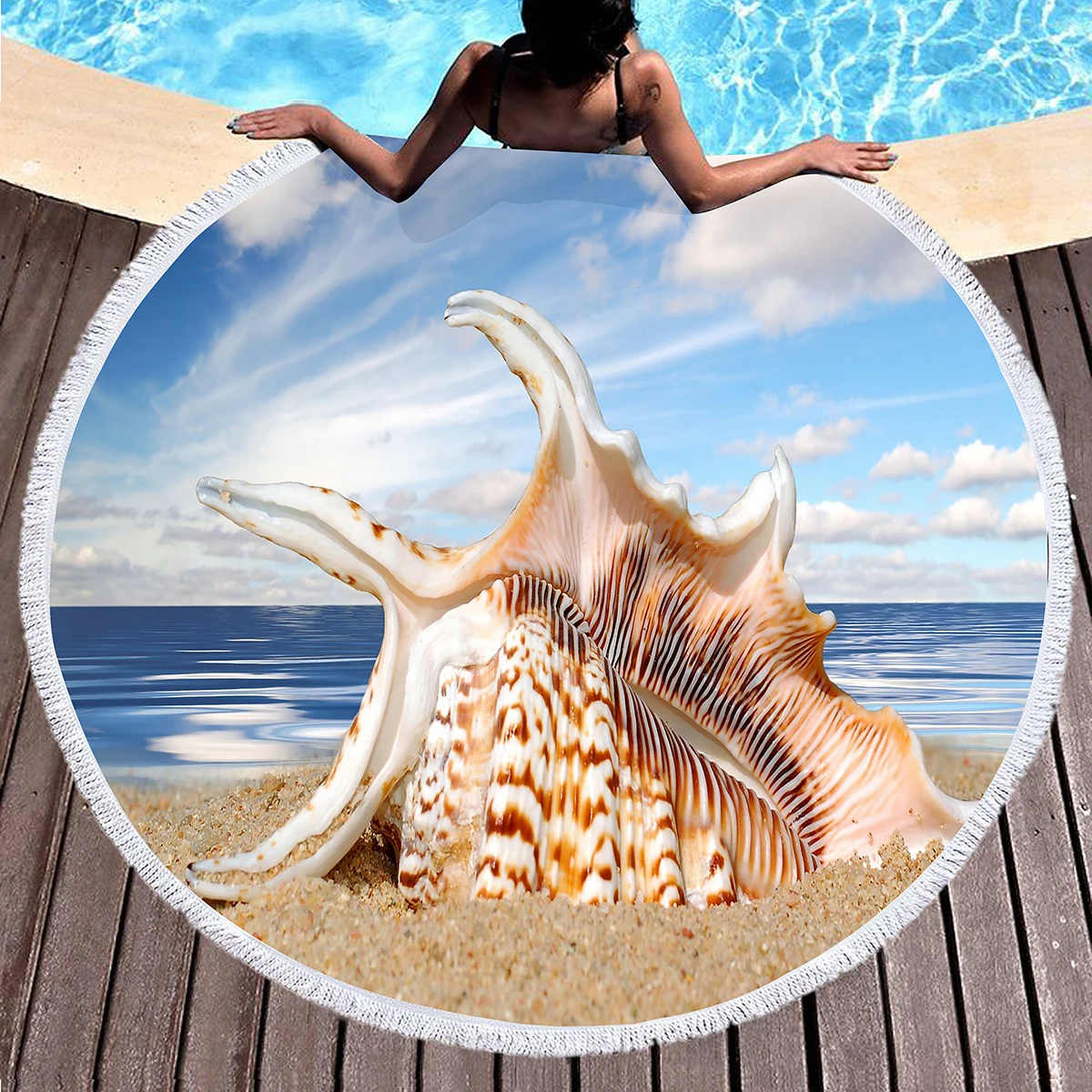Beach Starfish Shell Round Beach Towel, Microfiber Beach Blanket, Absorbent Quick Dry Sand Free Pool Towel Portable Picnic Mat