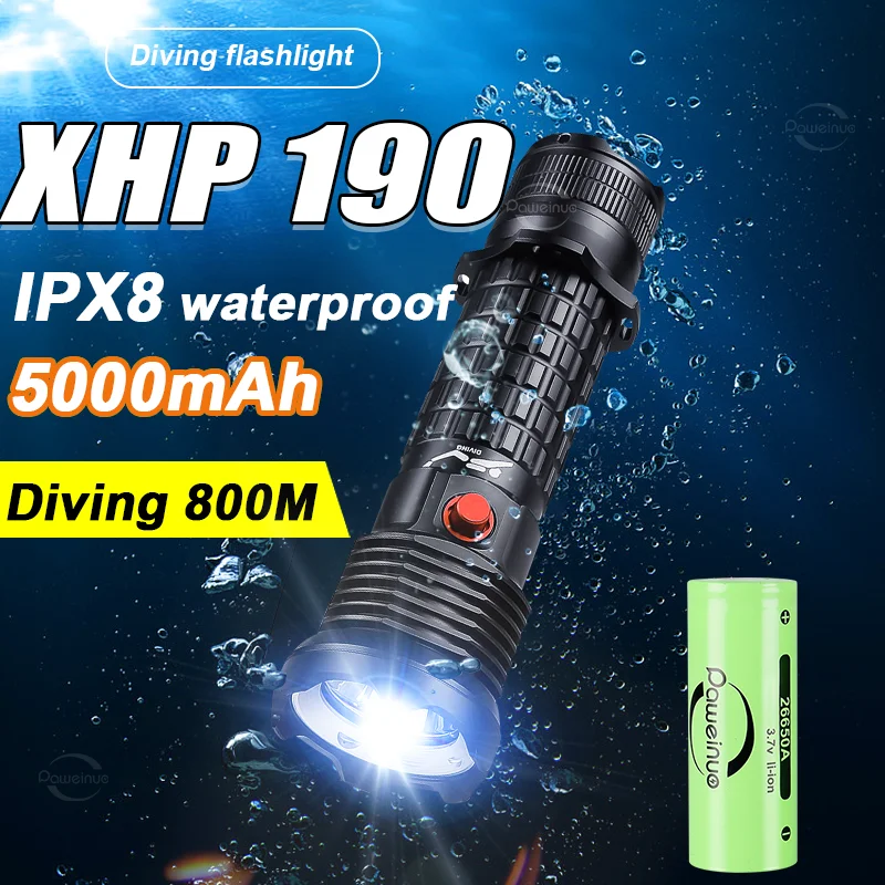 

XHP190 Professional Diving Flashlight 5000mAh Rechargeable Diving Torch 800m Underwater Lantern IPX8 Waterproof Flashlights