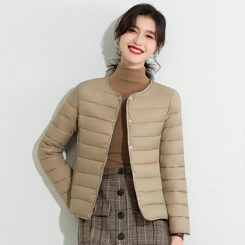 Winter Women Down Coat Solid Color Padded V Neck Buttons Closure Outerwear Windproof Heat Retention Inner Layer Cotton Jacket