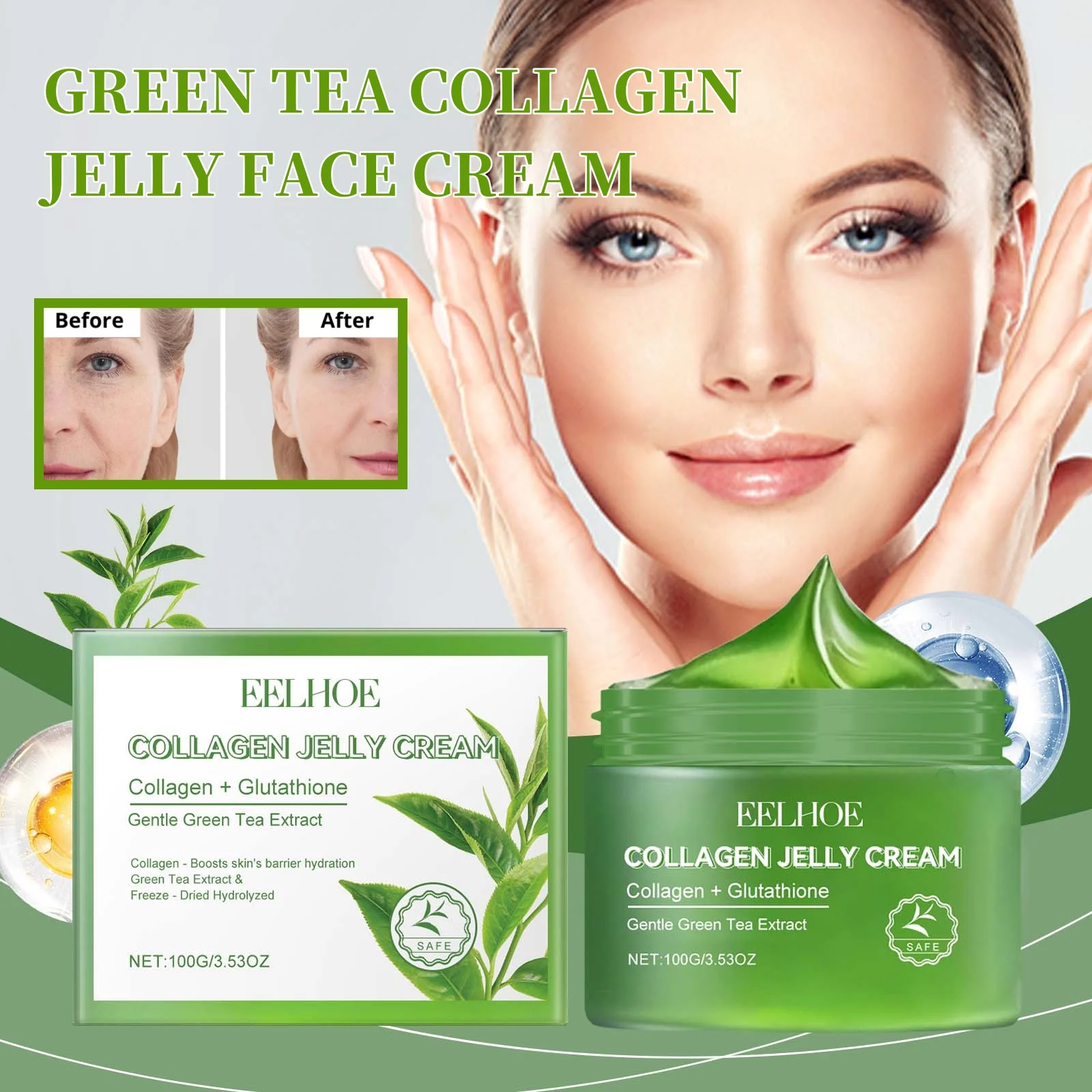 

Green Tea Collagen Jelly Hydrating Moisturizing Face Cream for Dry Skin Soothing Anti-Oxidant Skincare Treatment Nourishing