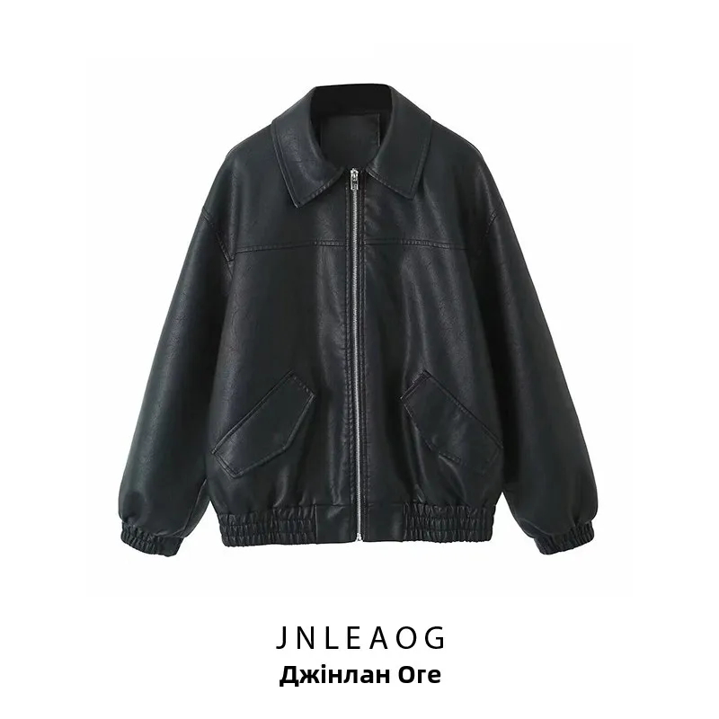 Faionable Simple Waed PU Leather Jaet Women's Autumn New Sle Long Sve Flip Collar Coat Youth Regular Length Polyes...