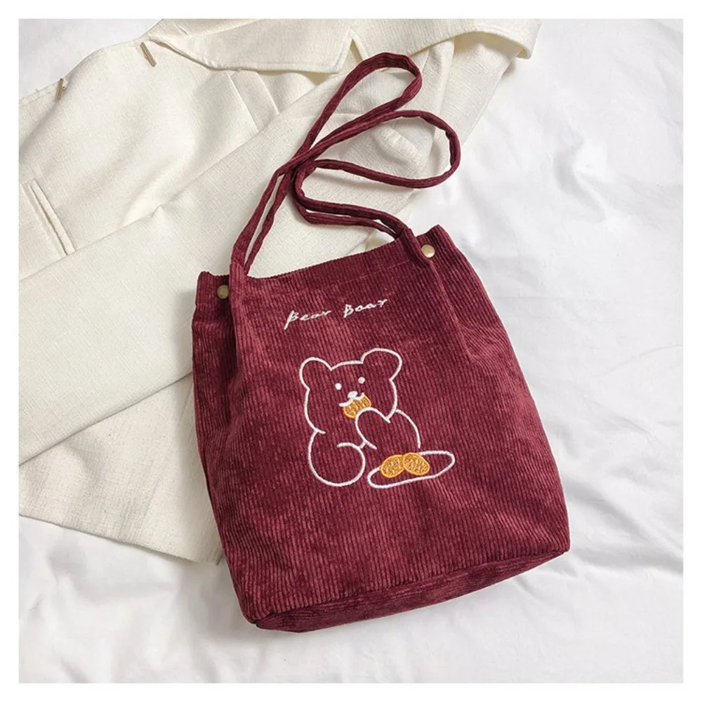 Women Corduroy Shoulder Bag High-capacity Bear Ladies Casual Handbag Tote Bag Reusable Large Capacity Cotton Shopping Beach Bags