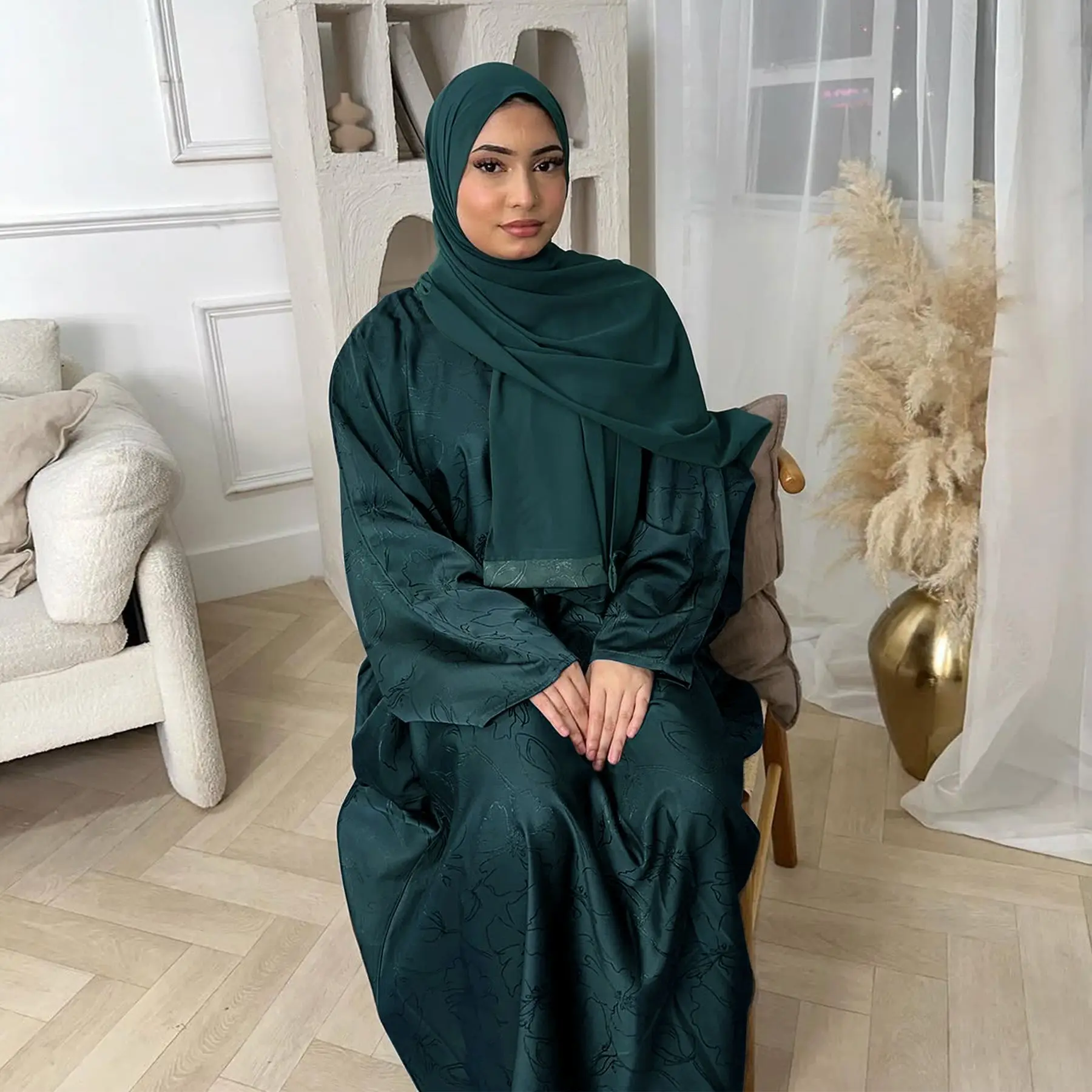 Luxury Dubai Abaya Jacquard Satin 2pcs Muslim Sets for Women Ramadan Hijab Dress Islamic Outift Party Kaftan Robe Turkey Abayas