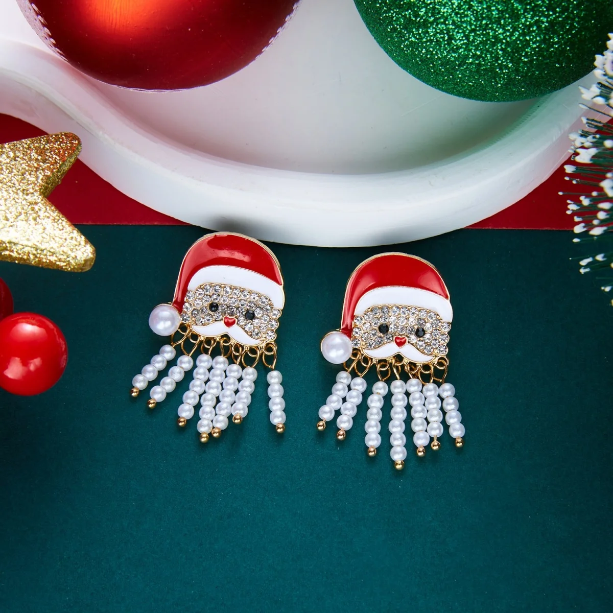 Kreative, niedliche Weihnachtsmann-Ohrstecker mit simuliertem Perlenquastenbart für Frauen, Strass-Weihnachtsmann-Ohrringe, Weihnachtsparty-Schmuck – Detail 24