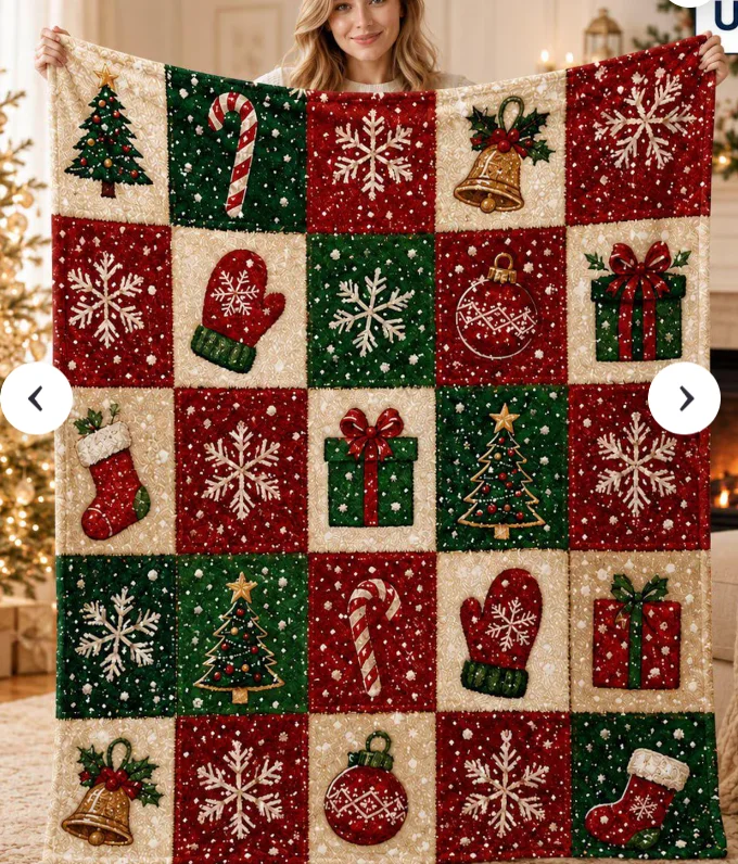 Christmas Patchwork Blanket, Cozy Holiday Minky or Sherpa Throw, Red Green Farmhouse Christmas Decor Blanket