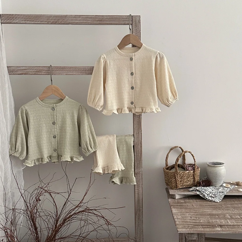 2026 Autumn New Baby Long Sleeve Clothes Set Girls Lace Cardigan Coat + Flared Trousers 2pcs Suit Toddler Infant Cotton Outfits