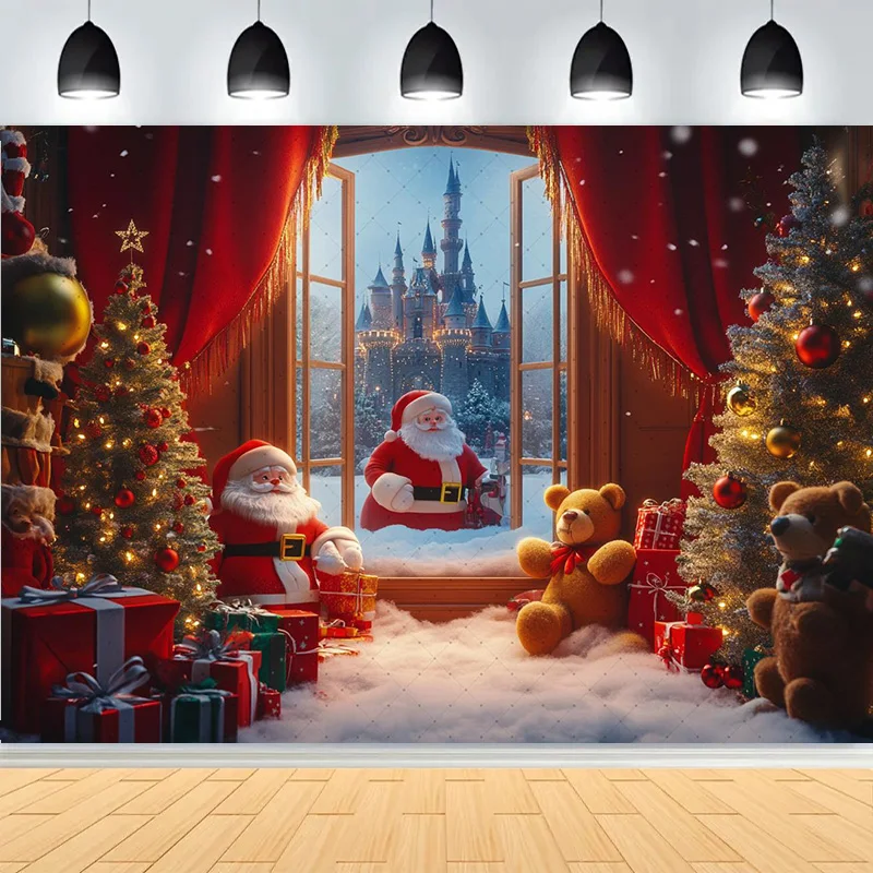 

Christmas New Year Clock Decor Backdrop Photography Vintage Xmas Trees Gifts Snow Winter Indoor Photo Studio Background YG-23