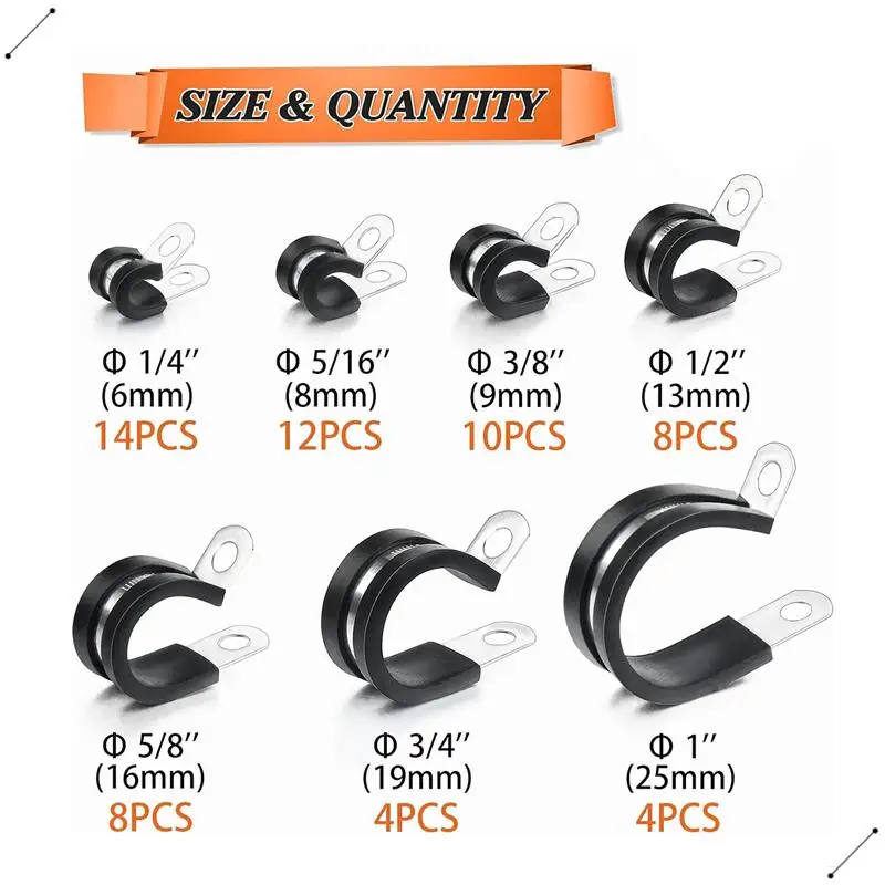 60 قطعة مجموعة متنوعة من مشابك الكابلات، 304 مشابك أنابيب وسادة مطاطية من الفولاذ المقاوم للصدأ R-نوع خرطوم المشبك 7 أحجام متينة وسهلة التركيب #6