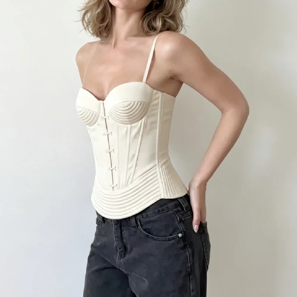 Women Apricot Pad Bra Hook Buttons Slim Waist Boning Corset Metal Eyelet Cross Lacing Up Bandage Back Tank Tops Bodycon Crop Top