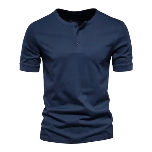 Imagen 2 del producto Camiseta con cuello Henley de verano para hombre, pantalón corto informal de manga de Color sólido, camisetas transpirables, camiseta básica de moda para hombre
