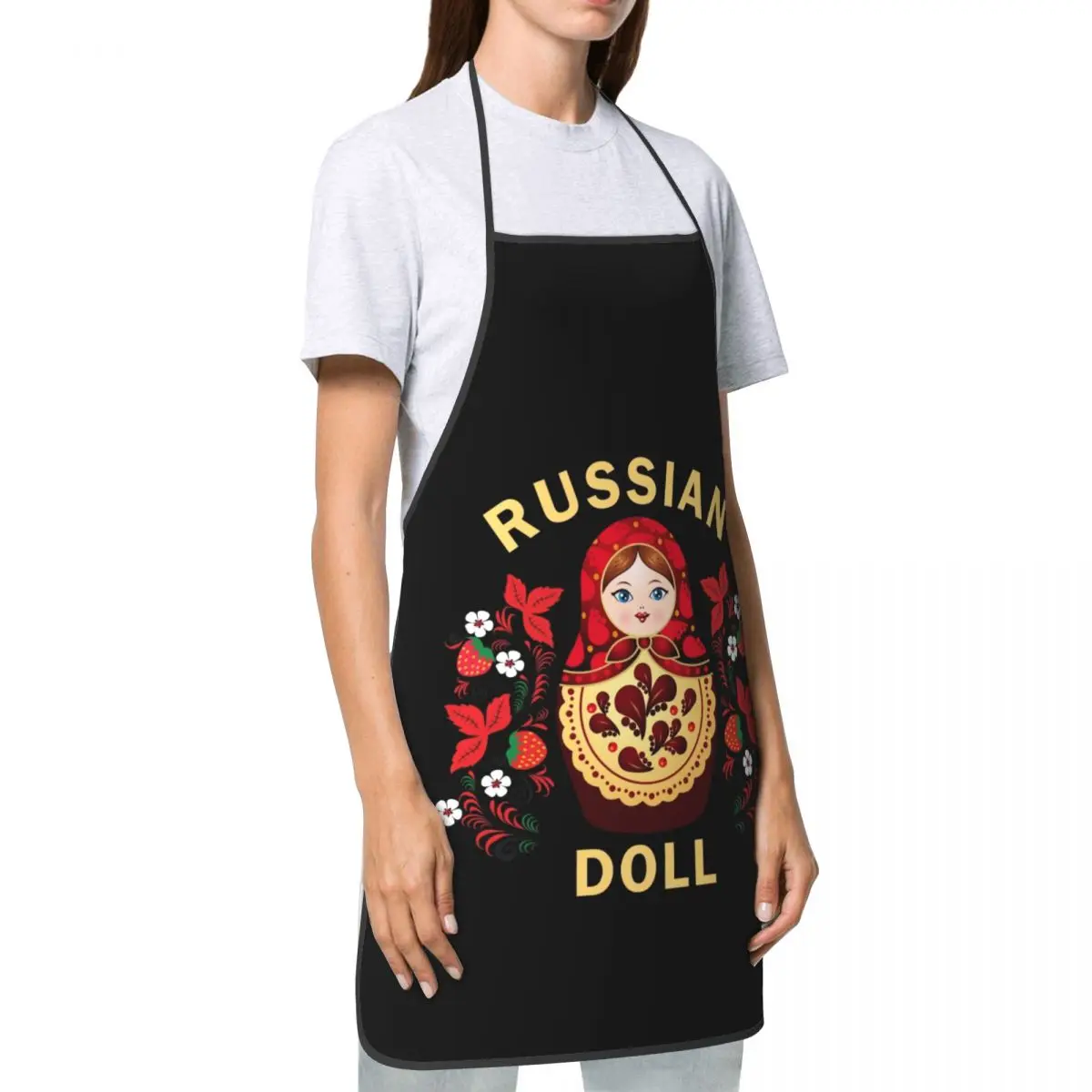 Unisex Matryoshka Russian Doll Bib Apron Adult Women Men Chef Tablier Cuisine for Kitchen Cooking Flowers Pattern Baking