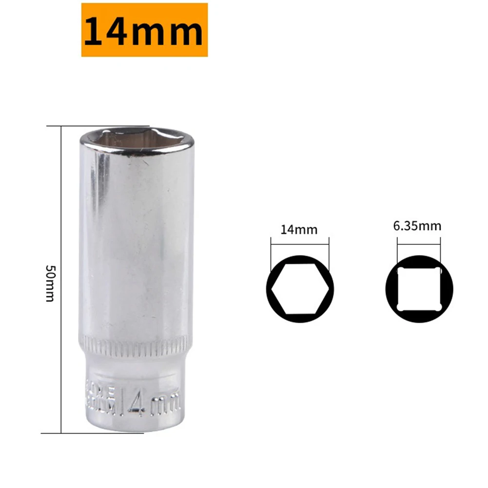 1/4 Zoll Steckschlüsseladapter, 4 mm-14 mm, Sechskant-Steckschlüsselkopf aus Chrom-Vanadium-Stahl für Ratschenschraubendreher, Silber, 50 mm Länge – Detail 14
