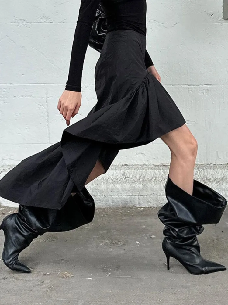 Frauen Temperament Pendeln Unregelmäßigen Rock Frühling Und Herbst Einfache Feste Farbe Hohe taille Open-bein Cascade Rüschen Rock