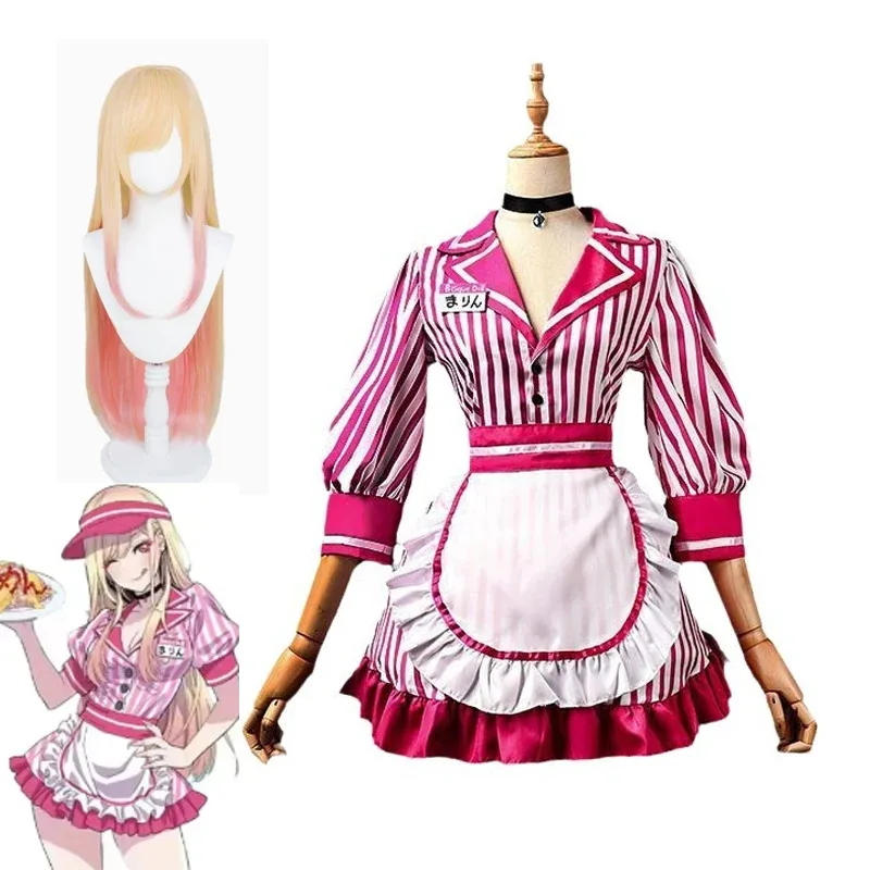 

In Stock S-2XL Kitagawa Marin Cosplay Anime Myy Dress Up Darling Waitress Pink Dress Wig Halloween Party Outfits for Women