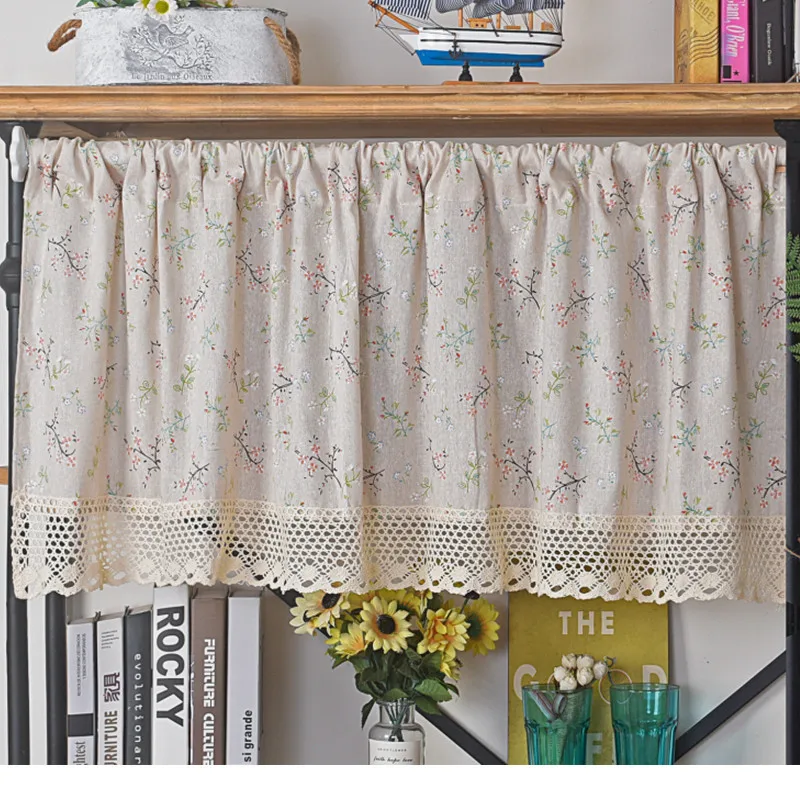 

Window Valance Floral Print Linen Texture Short Curtain Farmhouse Retro with Lace Rod Pocket for Kitchen Coffee Room Valances