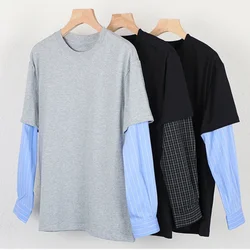 Japanese Korean Casual Sweatshirts Men Straight Base Shirt Splicing Striped Sleeves Fake Two-piece Solid Color Pullover T-shirt