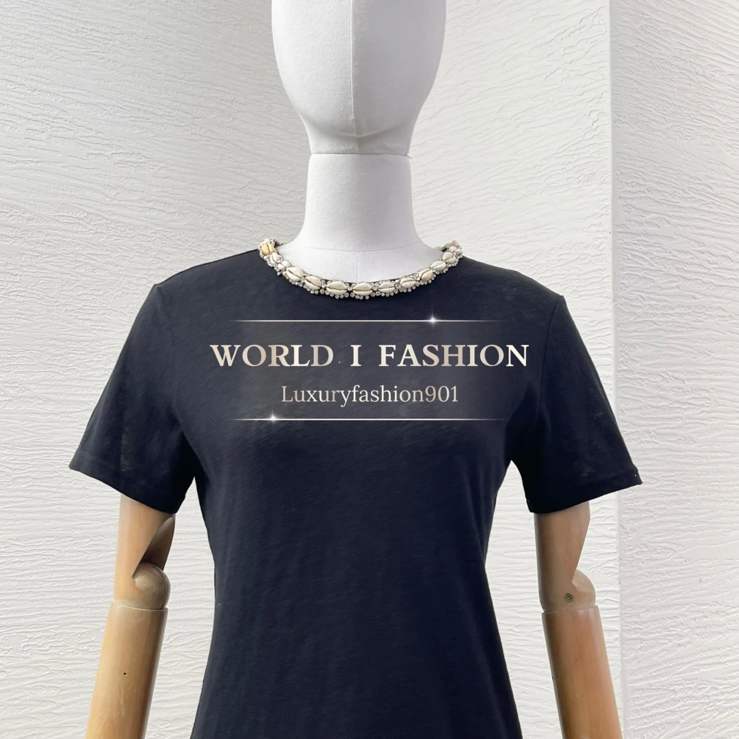 

2025 Новая модная черная футболка с коротким рукавом и бисером, блузка, топы