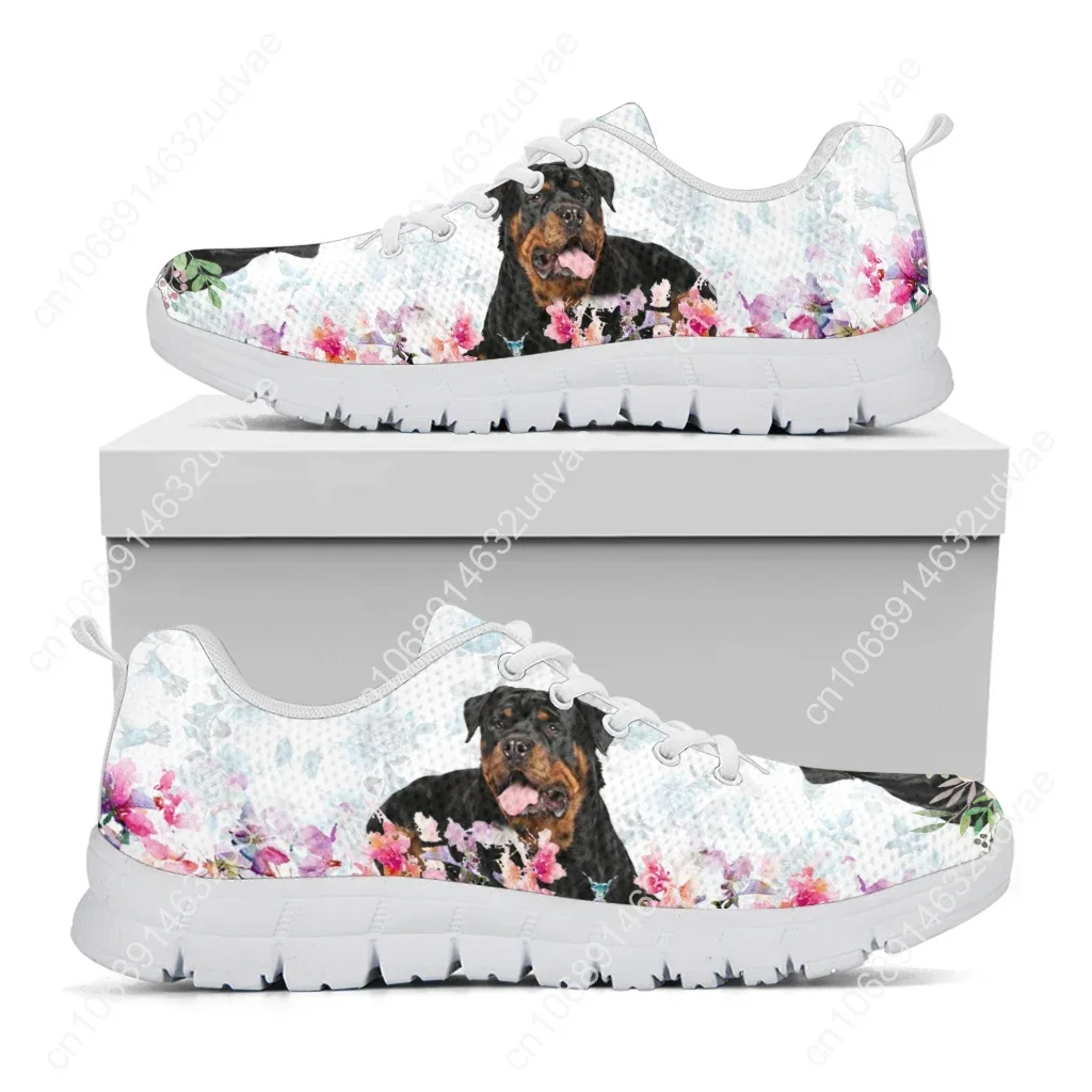 New Rottweiler Design White Soft Sole Casual Sneakers Floral Print Lace Up Sneakers Animal Shoes Zapatos Planos