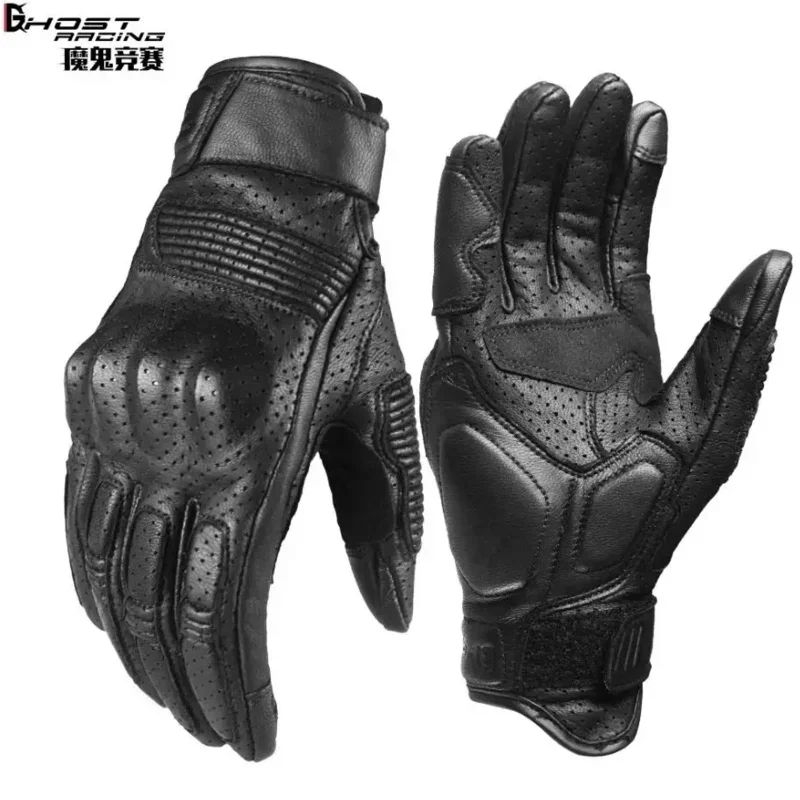 GHOST RACING Touchable Screen Motorcycle Genuine Leather Male Rider Cycling Riding Motorbike Leather Gloves Racing Anti drop