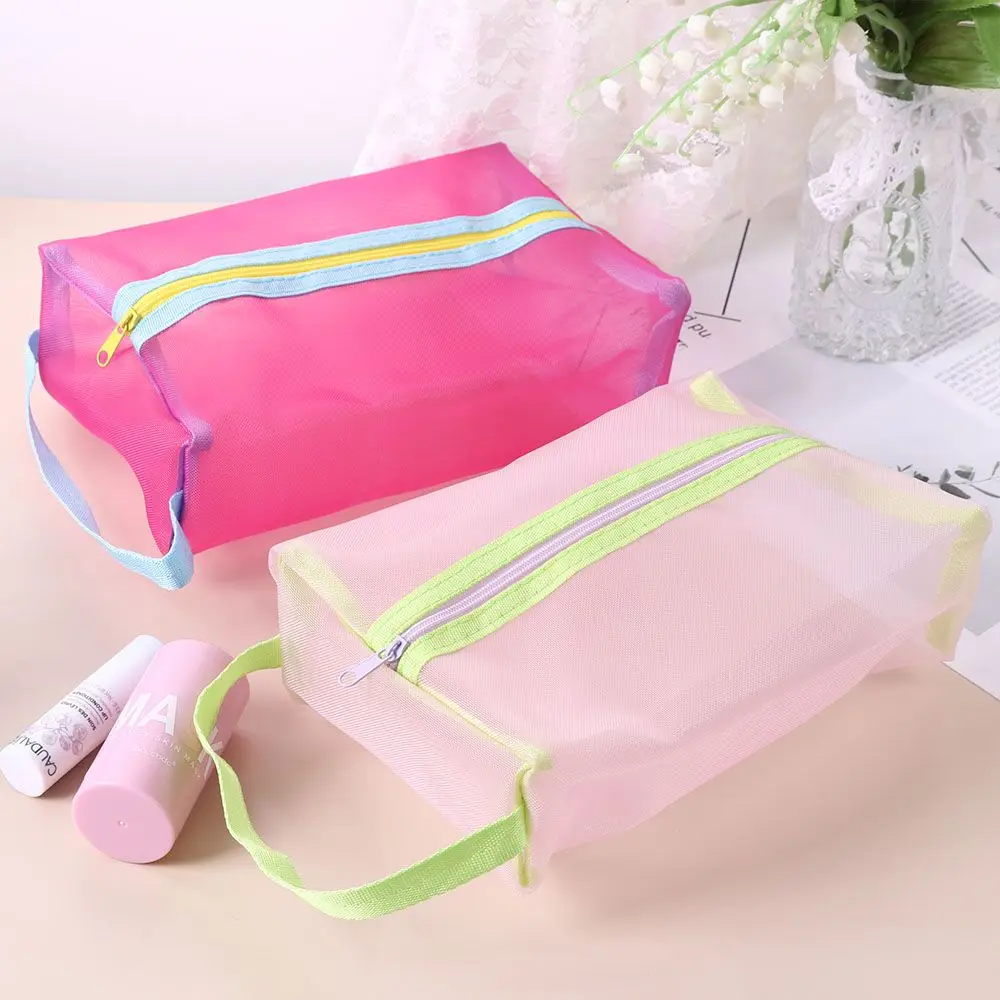 Organizador de artículos de tocador duradero para mujer, bolsa de maquillaje de hilo de red multifunción, verde y gris