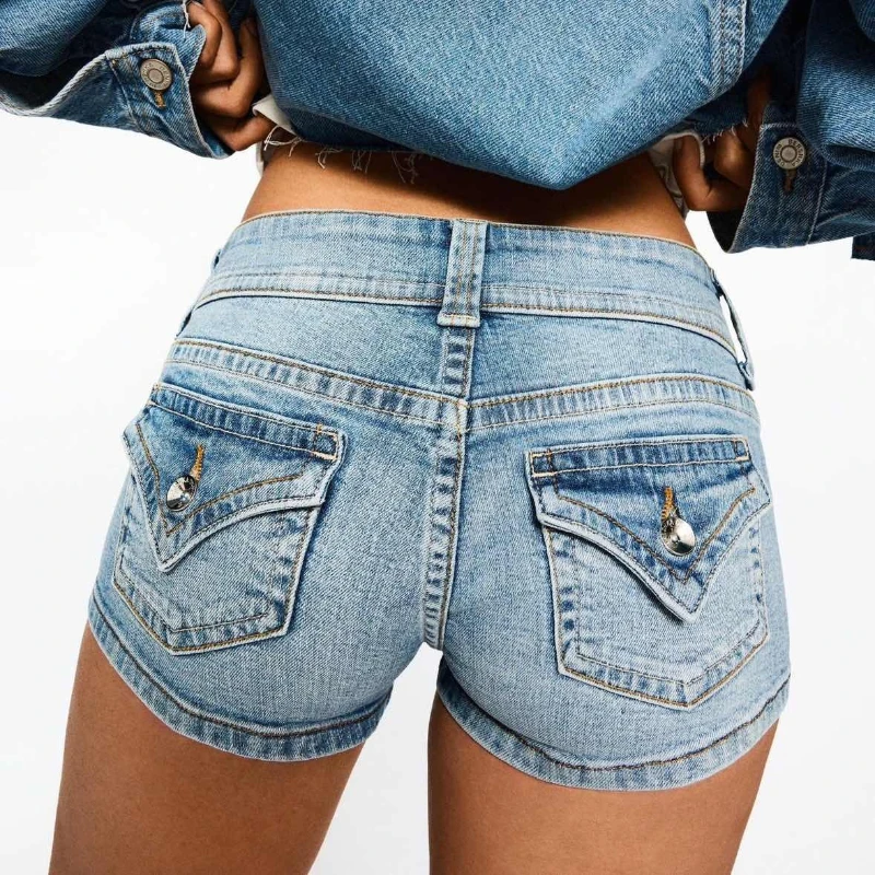 HOUZHOU Y2k Vintage Denim Shorts Women Sexy Spicy Girl Low Waist Blue Shorts Punk Retro Summer Slim Up Short Jeans Streetwear