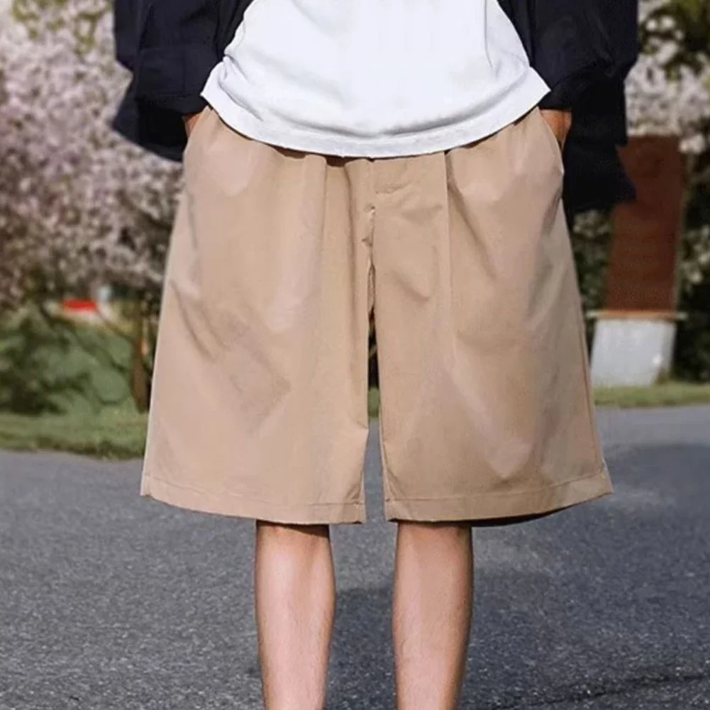 Casual Outings Khaki Mens Thin Pants Loose Fit Casual Shorts Pants Streetwear Medium Waist Design Polyester Fabric