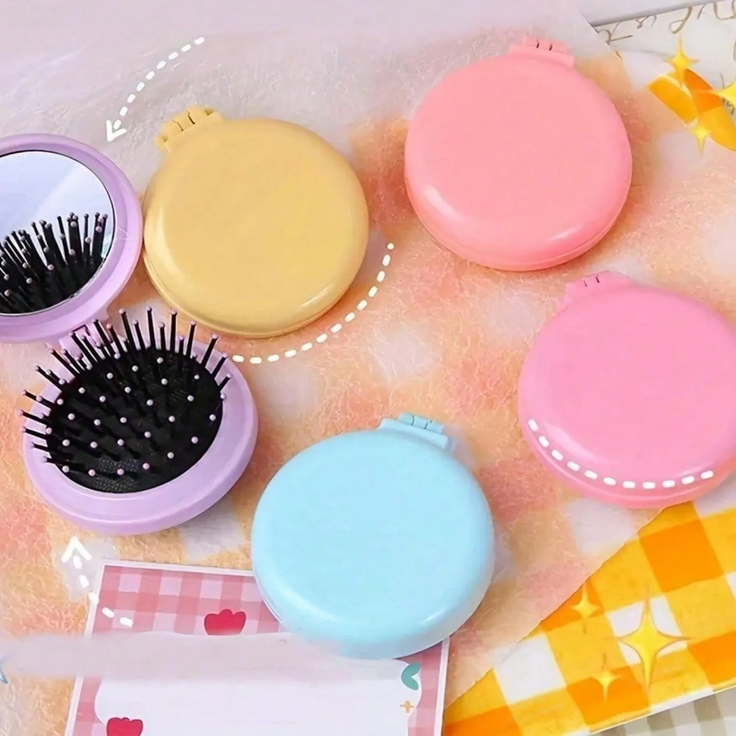 

2pcs/Set Mini Round Air Cushion Comb, Foldable Portable Hair Brush With Makeup Mirror, Suitable For Travel, Home, Outdoor, Random Color