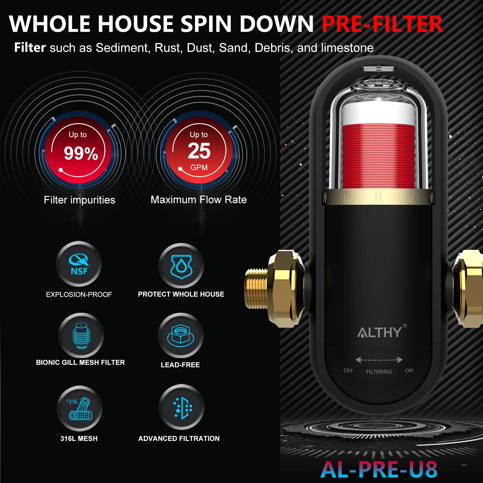 ALTHY PRE-U8 Bionic Gill + prefiltro in rete di acciaio inossidabile Tutta la casa Spin Down Sedimenti Filtro acqua Purificatore Controlavaggio