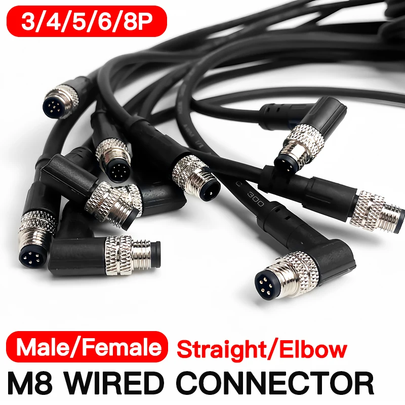 

2m M8 Sensor Connector Cable, Straight & Right Angle Options, Male/Female, 3/4/5/6/8 Pin, Waterproof Molded Plug for Industry