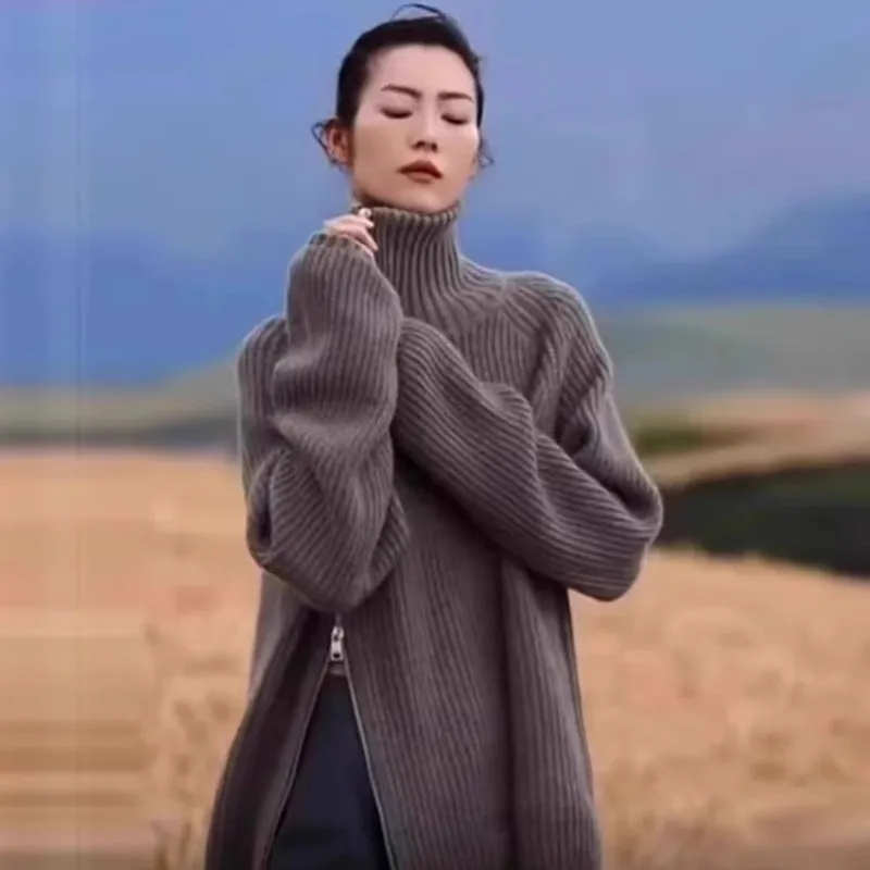 2025 Autumn/Winter New Women's High-Neck 100%Cashmere Sweater with Side Zipper Loose Wool Knit Thick Sweater