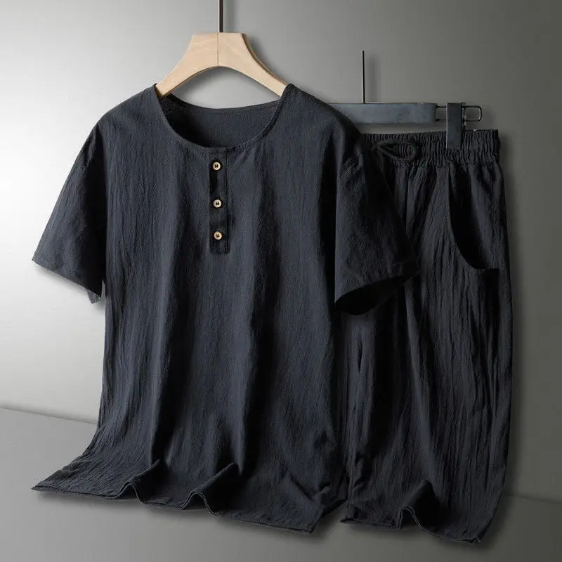 Linen short-sleeve shorts set for men, Chinese-style loose round neck summer fashion casual sportswear