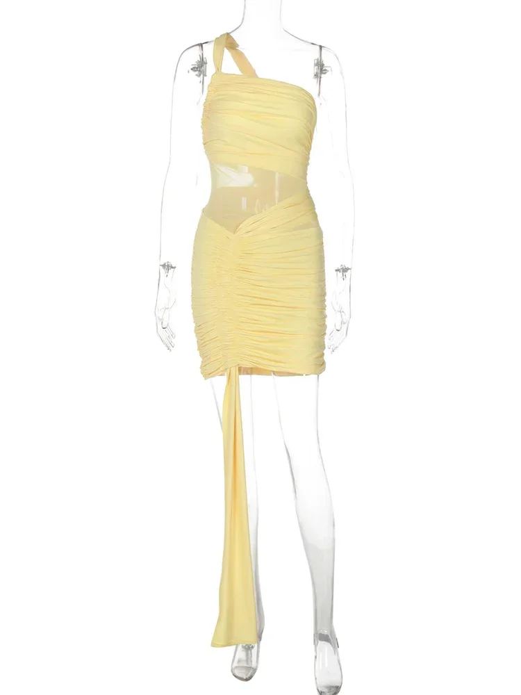 Chaxiaoa Hellende Schouder Backless Sexy Mini Jurk Damesmode Mesh Patchwork Mouwloos Gedrapeerde Ruches Club Feestjurken