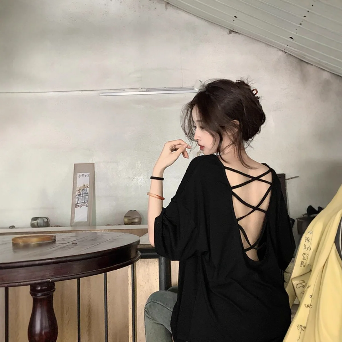 

Summer large-size women's clothing new solid color casual loose irregular sexy halter round neck short-sleeved T-shirt
