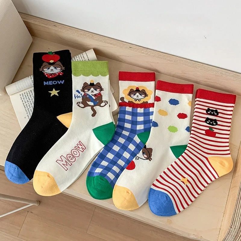 

5 пар женских полосатых носков с милым котом на осень-зиму, противоскользящие женские носки без костей в мультяшном стиле, впитывающие пот