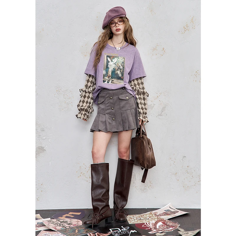 Y2K Long Sleeve Fake Two-Piece Ruffle Sleeve Graphic Top