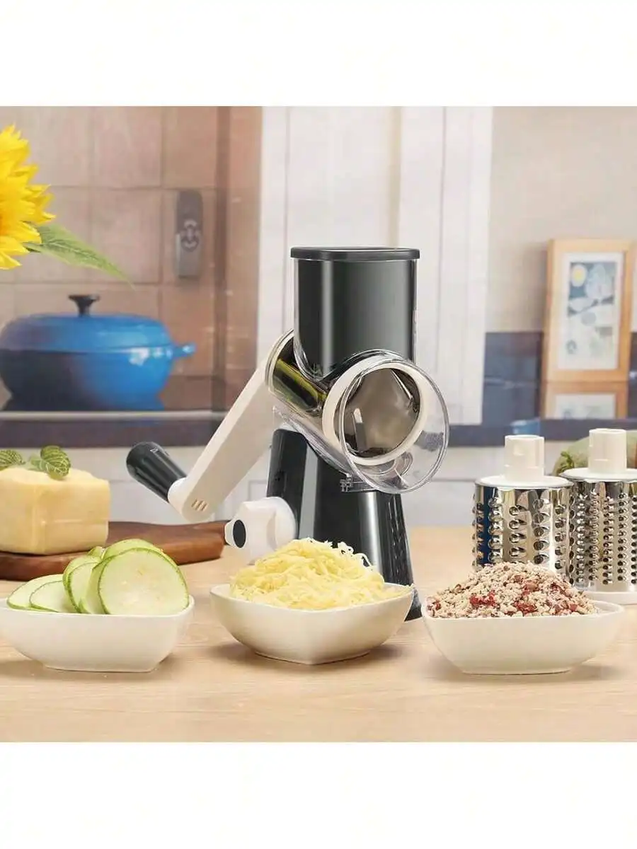 1pc 3-In-1 Multifunctional Convenient Manual Rotary Cheese & Vegetable Grater - Includes 3 Interchangeable Grating Rollers, Suit