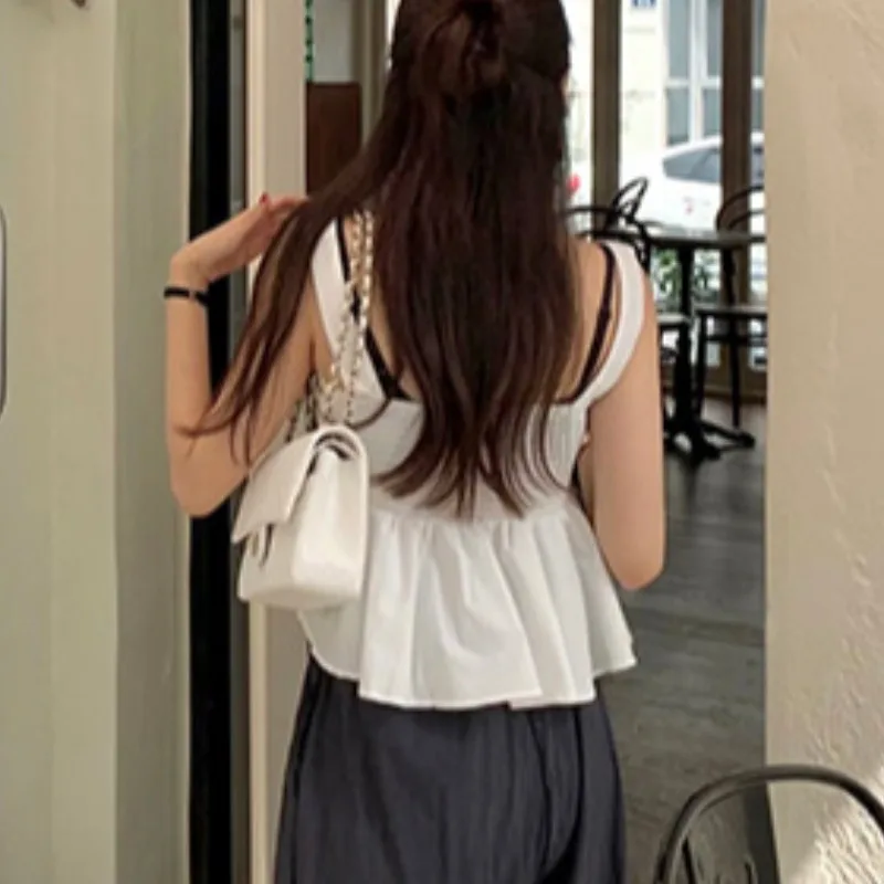 เสื้อกั๊กผู้หญิงรุ่น Sweet Sle Original Version สำหรับฤดูร้อนปี 2025 ดีไซน์เรียบง่าย คอเหลี่ยมผูกเชือก