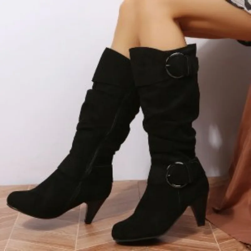 Big Size 34-43 Autumn Winter New PU Leather Buckle Chunky Heels Mid Calf Boots Round Toe Slip on Casual Women Shoes Roman Style