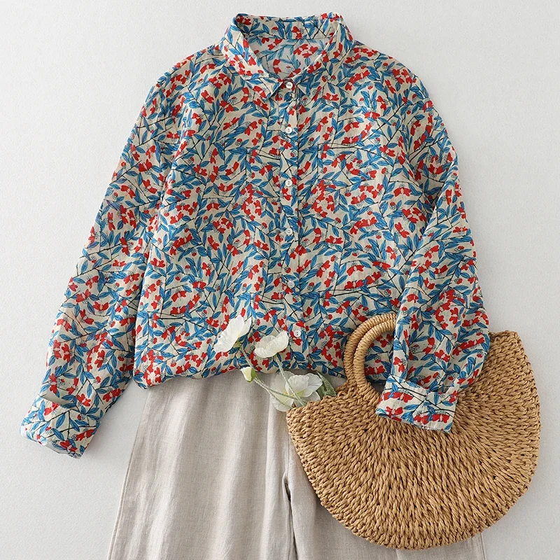 

PopCotton And Linen Printed Long-sleeved Lapel Shirt For Women Spring And Autumn New French Style Artistic Loose Elegant Casual