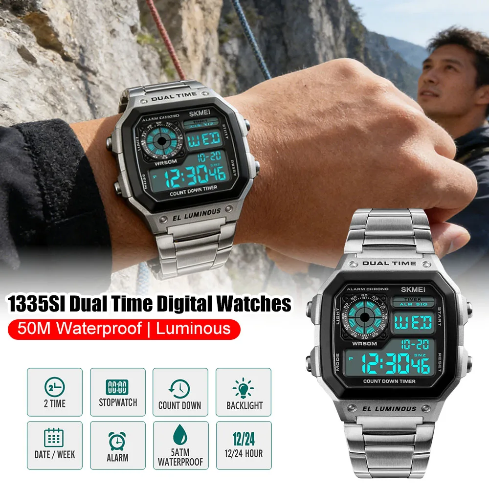 

Водонепроницаемые цифровые часы 50 м, 1335SI, светящиеся наручные часы с двойным временем, электронные наручные часы с хронографом для мужчин и женщин, подарки для влюбленных