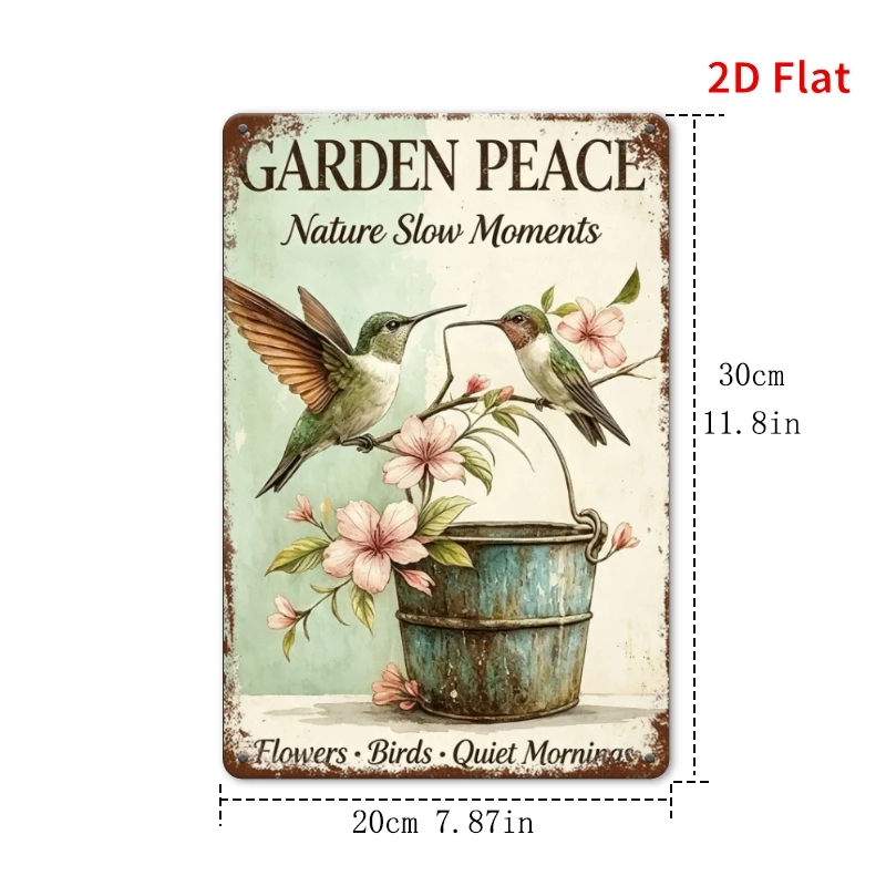 2D Flat Aluminum Wall Plaque, Retro Tranquil Garden Floral & Bird Pastoral Metal Sign , Balcony Outdoor Wall Hanging Decor